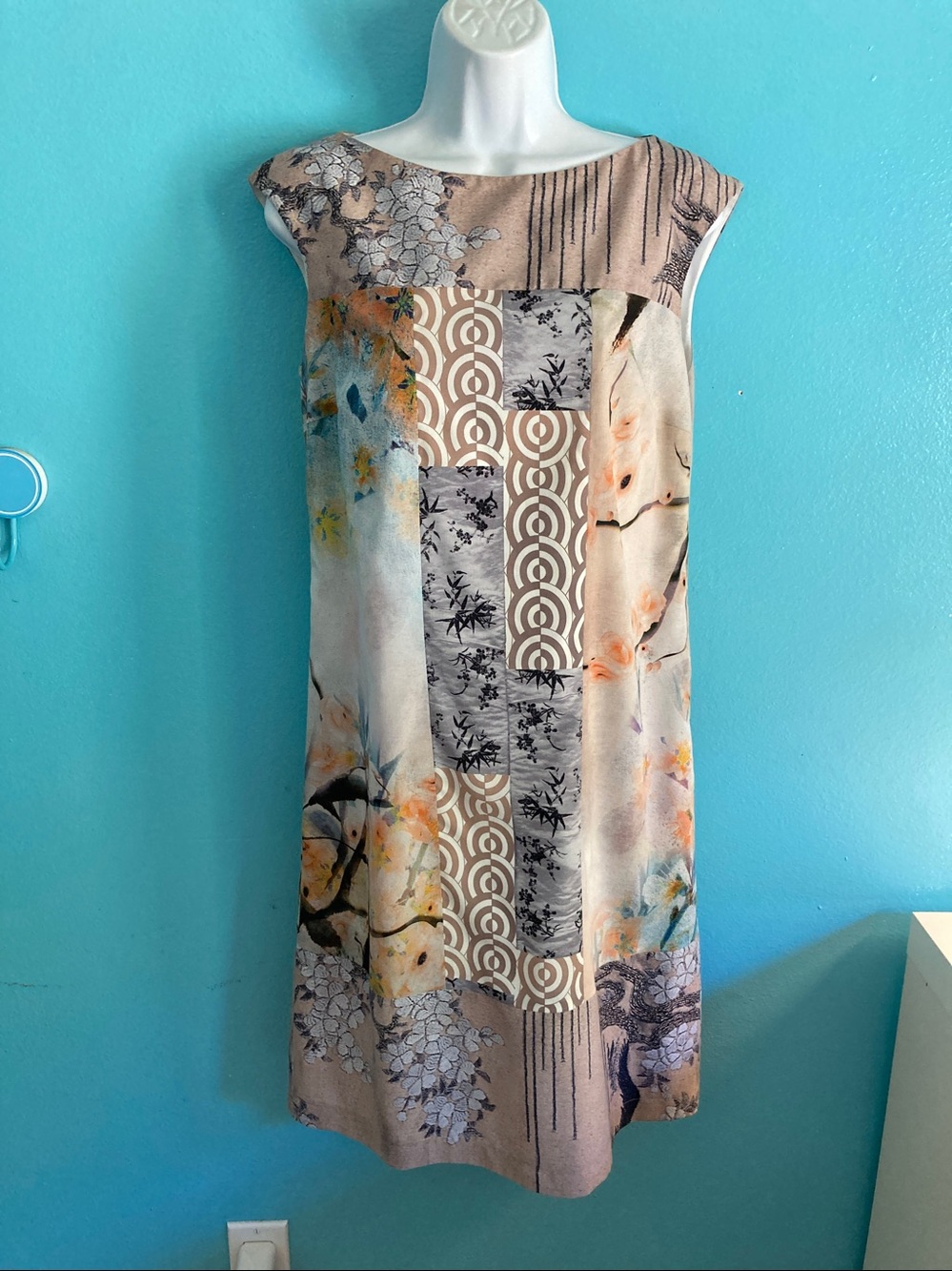 BASLER US Size 8 Asian Floral Patchwork Shift Dress Size 38 Japanese Art Print